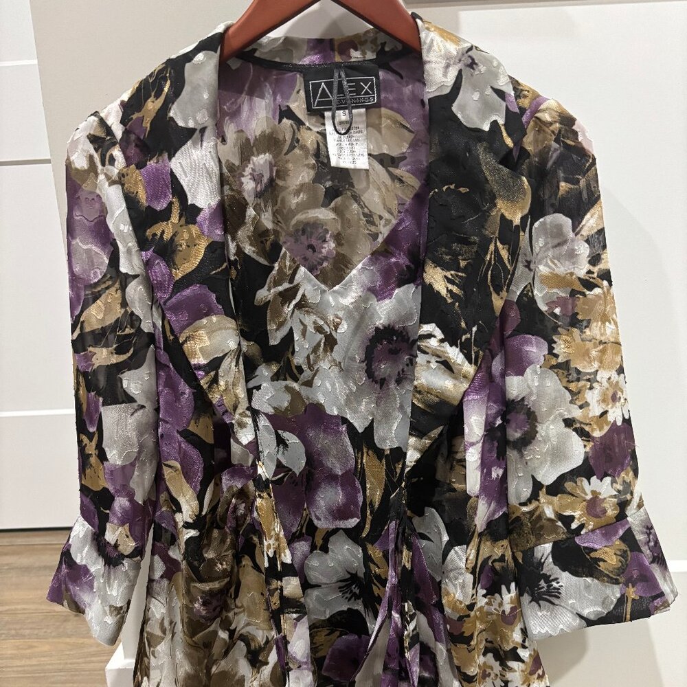 Alex Evenings 2 PC Sheer Purple Jacket Tank Top Floral Tie Front Set Size Small